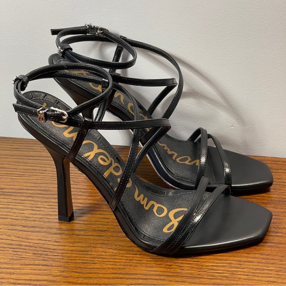 NWT | Sam Edelman Leanne Black Leather Ankle Strap Sandal Stiletto Heel - Picture 10 of 16